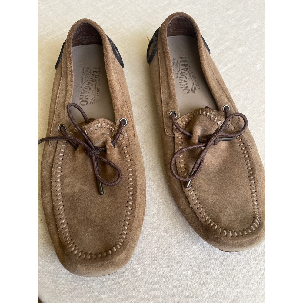 Authentic Salvatore Ferragamo Atlante Tan Suede Driving Loafers Shoes Size 8 E